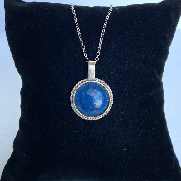950 Silver Dainty Round Lapis Lazuli Pendant Cabochon Necklace 18" Cable Chain - Picture 5 of 16